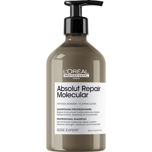 Sampon pentru par deteriorat L’Oreal Professionnel Serie Expert Absolut Repair Molecular, formulat cu legaturi peptidice si 5 aminoacizi, repara structura macromoleculara a parului, fara sulfati, 500 ml